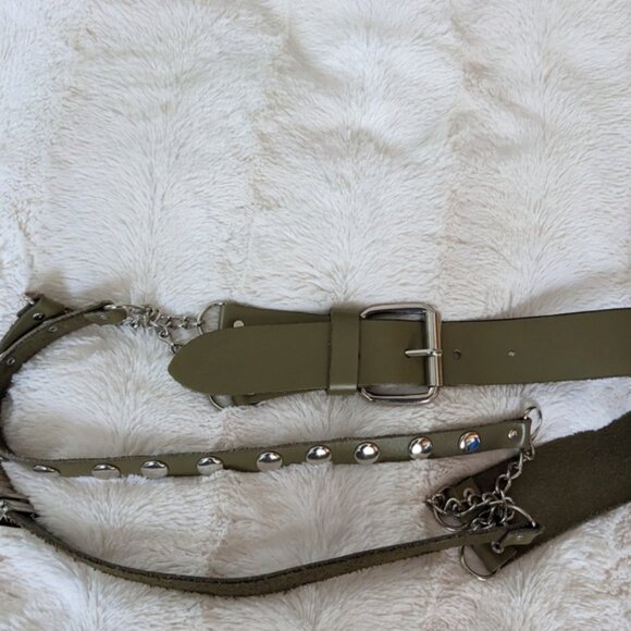 Vintage studded chain leather belt olive green large F104